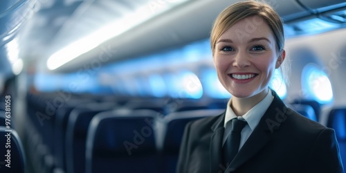 A cheerful flight attendant in uniform stands confidently in an empty airplane aisle, embodying positivity and customer service within the airline industry.