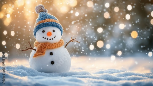 A cheerful snowman with a cozy hat and scarf enjoying a winter day in a snowy...