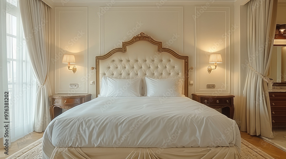 Bedroom of an elegant hotel. Generative AI. Bedroom of an elegant hotel. Generative AI.