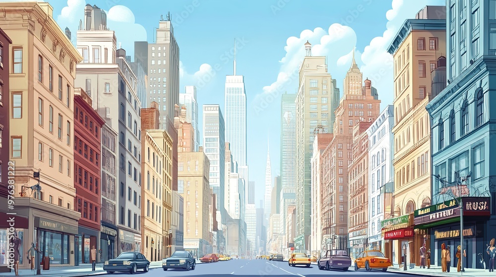 Obraz premium Cartoon urban scenery of a rooftop view over a sprawling metropolis