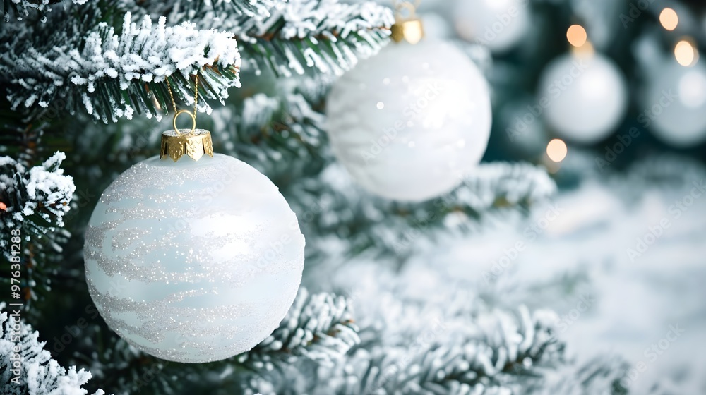 White Christmas Ornament on Snowy Pine Branch White Christmas Ornament on Snowy Pine Branch