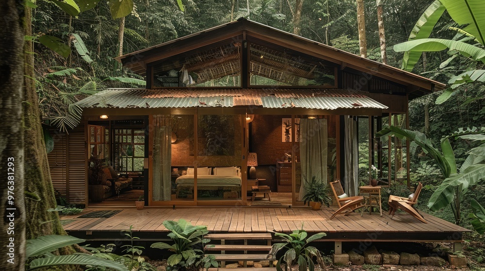A small cabin in the jungle, made of wood and corrugated iron, a wooden deck and some furniture, surrounded by trees and vegetation. Generative AI. A small cabin in the jungle, made of wood and corrugated iron, a wooden deck and some furniture, surrounded by trees and vegetation. Generative AI.