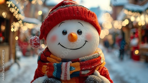 Cheerful snowman wearing a red and white striped scarf stands in a snowy vill...