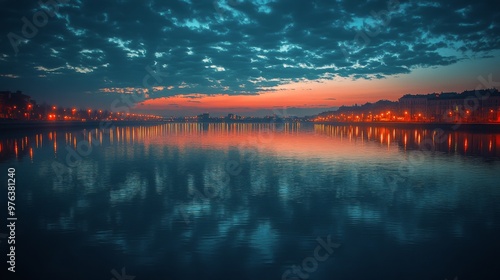 Nighttime reflection of a full moon over a calm lake with city lights in the ...