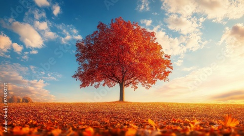 Vibrant autumn landscape with colorful trees and sunlit mountains in the back...