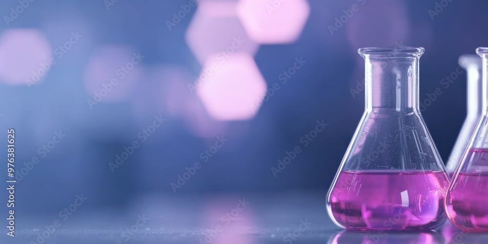 A detailed image of two laboratory flasks containing a purple chemical solution, set against a background of colorful hexagons, illustrating scientific research and experiments. A detailed image of two laboratory flasks containing a purple chemical solution, set against a background of colorful hexagons, illustrating scientific research and experiments.
