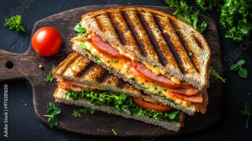 Grilled sandwich with fresh vegetables and melty cheese on a wooden cutting b...