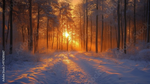 Golden sunlight filters through snowy trees in a winter forest at dusk