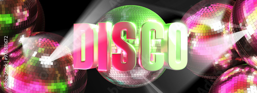 logo disco with silver text in front of mirror balls - 3D rendering - web banner