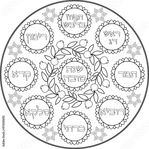 Jewish new year Simanim plate with Hebrew titles, black outline illustration. Use for digital decoration, coloring page for kids and adults, print art. Translation: "A good year"