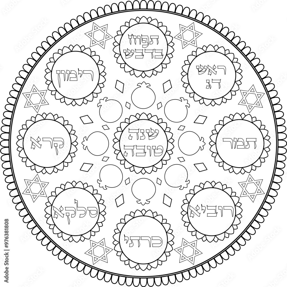 Jewish new year Simanim plate with Hebrew titles, black outline illustration. Use for digital decoration, coloring page for kids and adults, print art. Translation: Jewish new year Simanim plate with Hebrew titles, black outline illustration. Use for digital decoration, coloring page for kids and adults, print art. Translation: