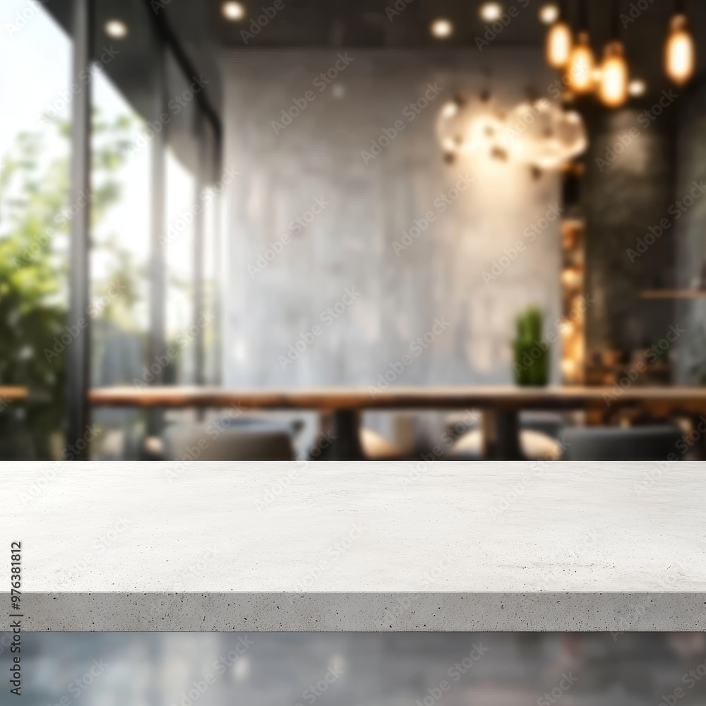 Empty top of white stone table and blurred cafe background, product display montage Empty top of white stone table and blurred cafe background, product display montage