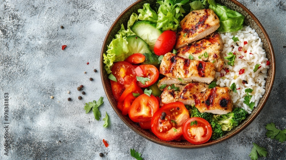 Grilled chicken rice bowl with fresh vegetables prepared in a natural kitchen setting Grilled chicken rice bowl with fresh vegetables prepared in a natural kitchen setting