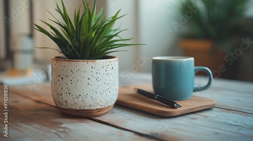 Two cups of coffee on a rustic wooden table near a window with potted plants ...