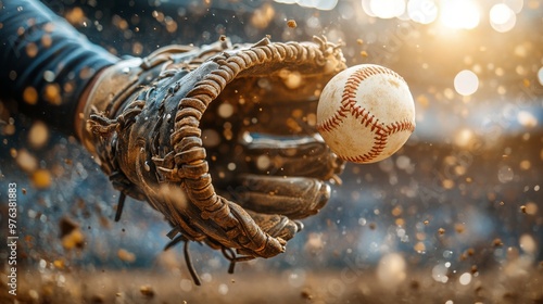 A player catching a baseball with a glove during a game at sunset