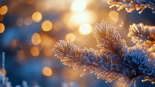 Snow-covered pine branches adorned with glowing lights during winter evening ...