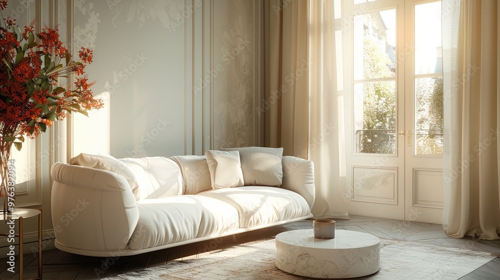 Fototapeta premium A white sofa and side table in living room. Generative AI.
