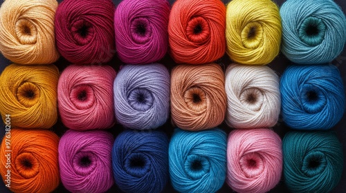 Colorful spools of thread arranged neatly on a surface ready for sewing or cr...