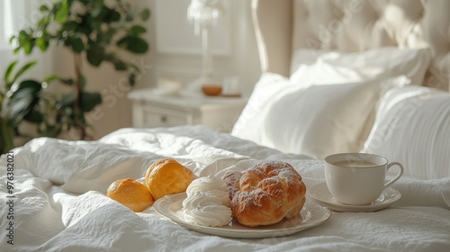 Cozy breakfast in bed: coffee, croissants, and a cupcake on a fluffy blanket ...