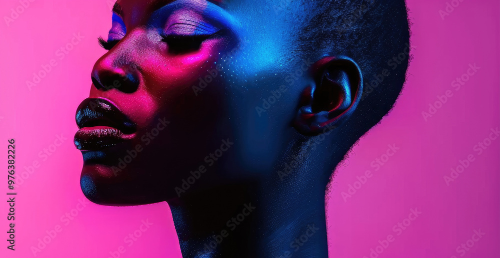 A woman with short hair is illuminated by vivid blue and pink lighting, showcasing a striking profile against a colorful backdrop A woman with short hair is illuminated by vivid blue and pink lighting, showcasing a striking profile against a colorful backdrop