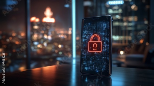 A smartphone displaying a glowing padlock symbol on its screen in a darkened ...