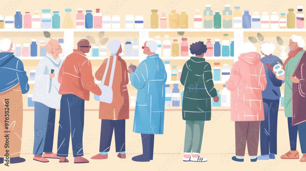 Fototapeta premium A group of older adults in casual clothing examines various medications and health products on well-stocked pharmacy shelves