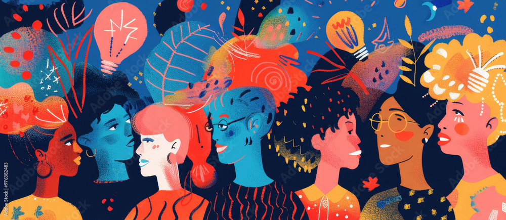 A lively gathering of animated women showcases their creativity and individuality through unique hairstyles and expressive features A lively gathering of animated women showcases their creativity and individuality through unique hairstyles and expressive features