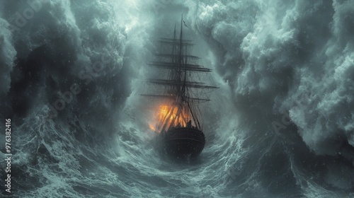 A historic ship battles fierce waves and flames during a stormy night at sea