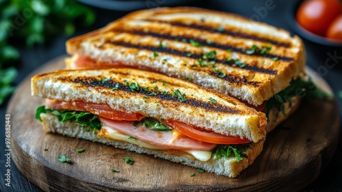 Grilled sandwich with fresh vegetables and melty cheese on a wooden cutting b...