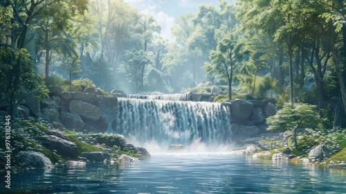 Enchanting Waterfall Cascading Through Lush Tropical Forest Landscape  Serene natural scene with flowing water greenery and scenic environment