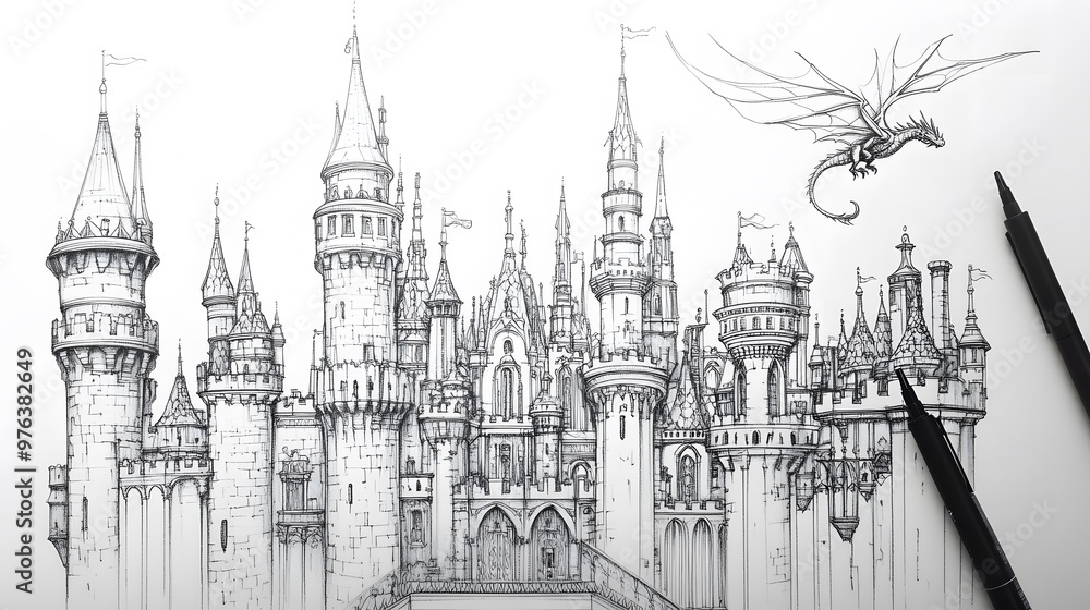 Fototapeta premium 高い城と空を飛ぶドラゴンが描かれたイラストとペン