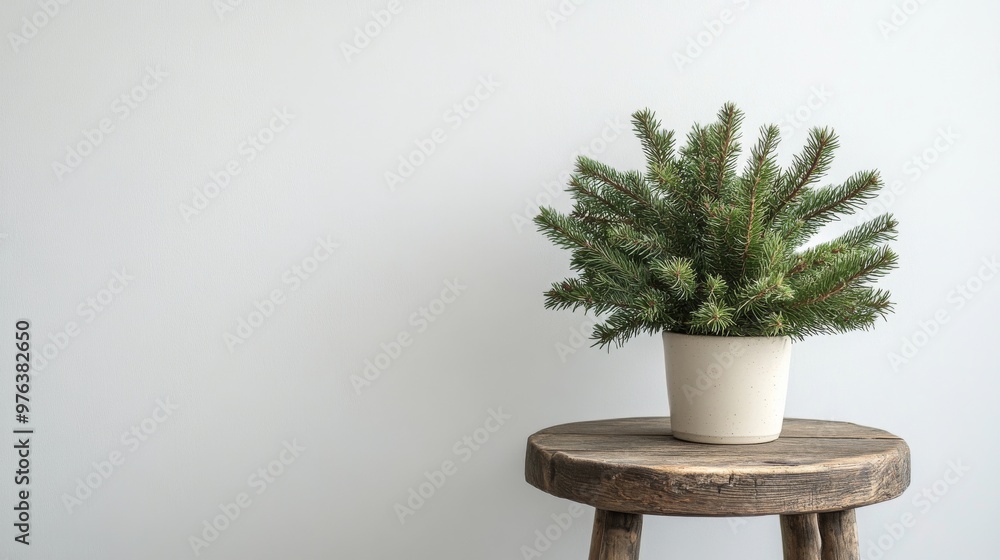 Fresh evergreen branches arranged on a rustic wooden stool in a cozy indoor setting Fresh evergreen branches arranged on a rustic wooden stool in a cozy indoor setting