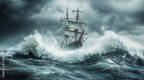 A historic ship battles fierce waves and flames during a stormy night at sea