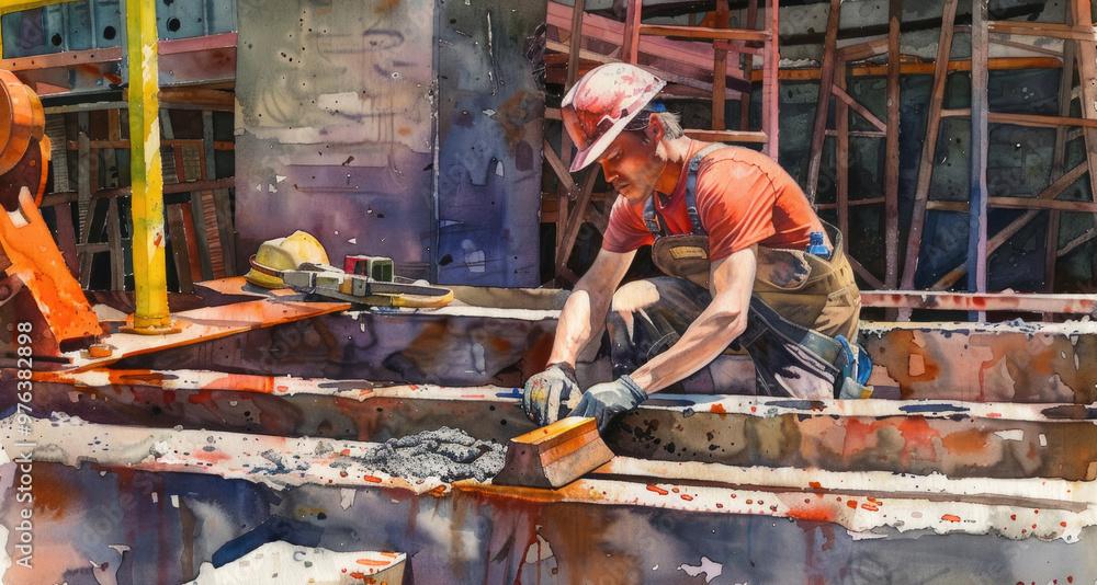 A construction worker is focused on applying cement to a structure at a bustling construction site under bright sunlight A construction worker is focused on applying cement to a structure at a bustling construction site under bright sunlight