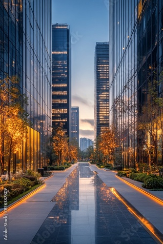 Modern urban architecture in a vibrant city under a bright blue sky filled wi...