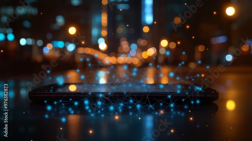 Smartphone displaying digital connections against a blurred cityscape at night