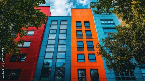 Colorful modern buildings with vibrant facades under a blue sky in an urban s...