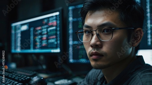 asian, hacker, security, programmer, computer, network, coding, cyber, software, digital, cybercrime, encryption, virus, online, attack, criminal, screen, anonymous, firewall, phishing, protection