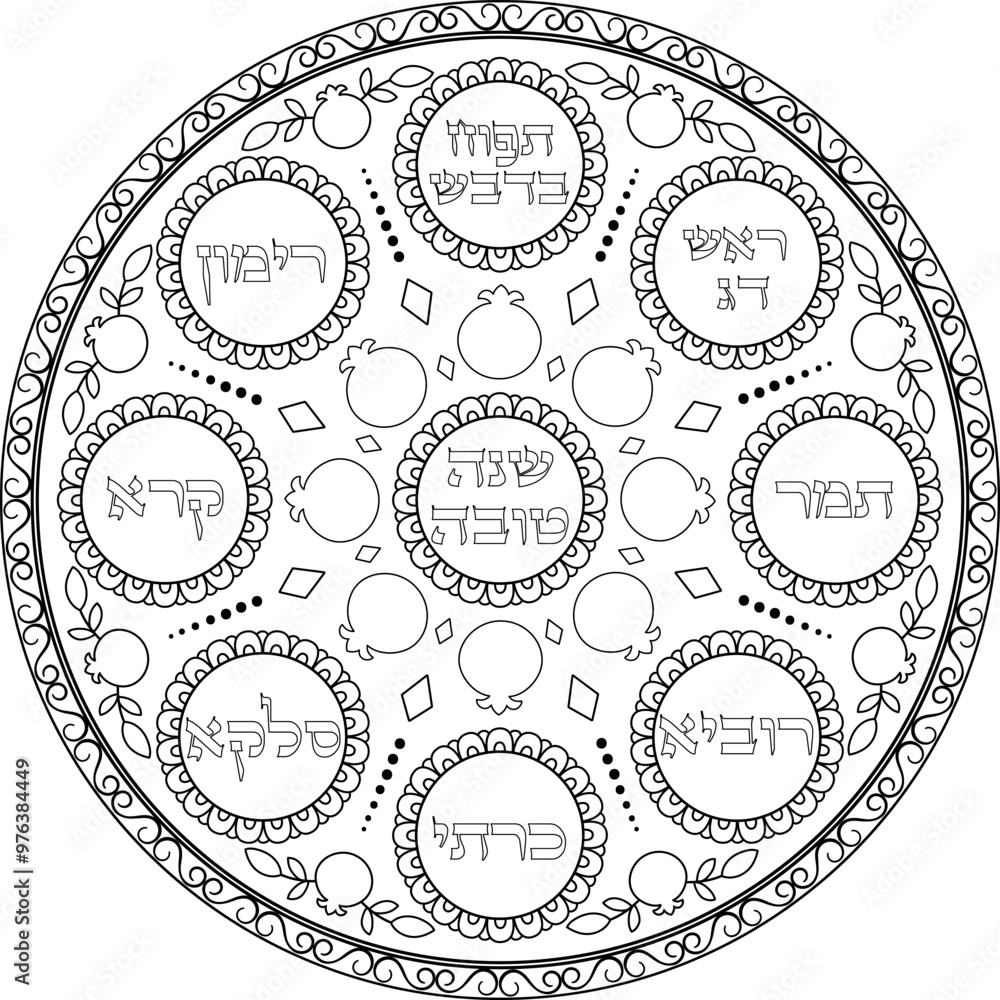 Jewish Rosh Hashana simanim plate decorative illustration with Hebrew titles. Judaica black linear art design. Jewish holiday coloring page. Translation: Jewish Rosh Hashana simanim plate decorative illustration with Hebrew titles. Judaica black linear art design. Jewish holiday coloring page. Translation: