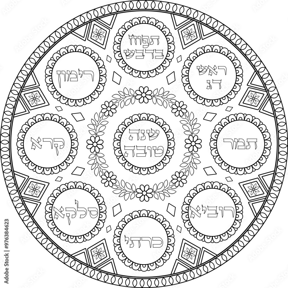 Fototapeta premium Jewish Rosh Hashana simanim plate decorative illustration with Hebrew titles. Judaica black linear art design. Jewish holiday coloring page. Translation: 
