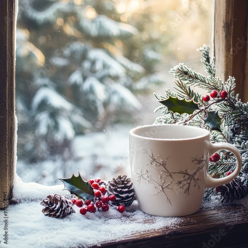 Cozy winter morning with a steaming cup beside pinecones and holly on a snowy windowsill