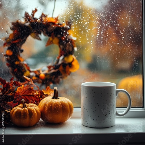 Cozy autumn morning with pumpkin decor and a warm mug by a rain-drenched window