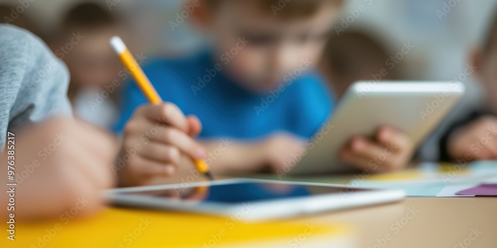 Group of children focusing on their education, working with tablets and writing with pencils in a bright classroom setting, showcasing modern learning techniques. Group of children focusing on their education, working with tablets and writing with pencils in a bright classroom setting, showcasing modern learning techniques.