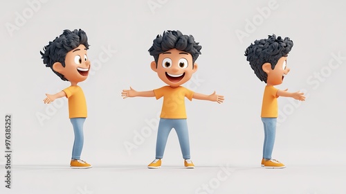 Cartoon character design with a happy expression, standing in a dynamic pose