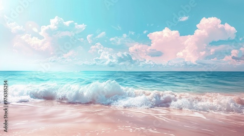 Breathtaking view of turquoise waves gently lapping at the white sandy beach of a serene tropical paradise The azure sky is dotted with fluffy clouds