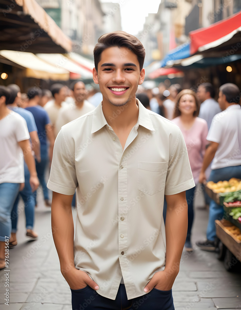 Picture of a young man with a smile face in public street Picture of a young man with a smile face in public street