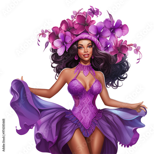 Elegant Woman In Purple Dress And Floral Headpiece With Bright Flowers