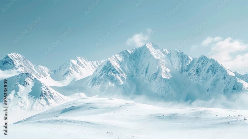 Obraz premium Majestic snowy mountain peaks reaching up into the crisp clear sky in a serene frozen wilderness landscape This dramatic awe inspiring alpine scene evokes a sense of adventure