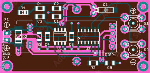 Vector printed circuit board of electronic 
device with components of radio elements, 
conductors and contact pads placed on pcb. 
Engineering technical drawing. Computer technic cad design.
