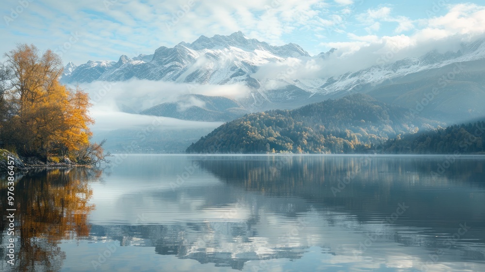 Breathtaking autumnal landscape featuring a serene alpine lake reflecting the surrounding majestic mountains with vibrant fall foliage and a misty ethereal atmosphere Breathtaking autumnal landscape featuring a serene alpine lake reflecting the surrounding majestic mountains with vibrant fall foliage and a misty ethereal atmosphere